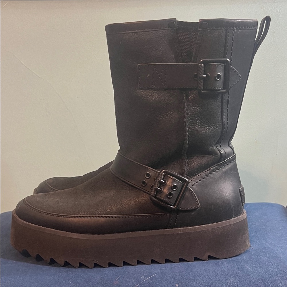 UGG Rebel Biker Black Ankle Boots with Buckle Detail